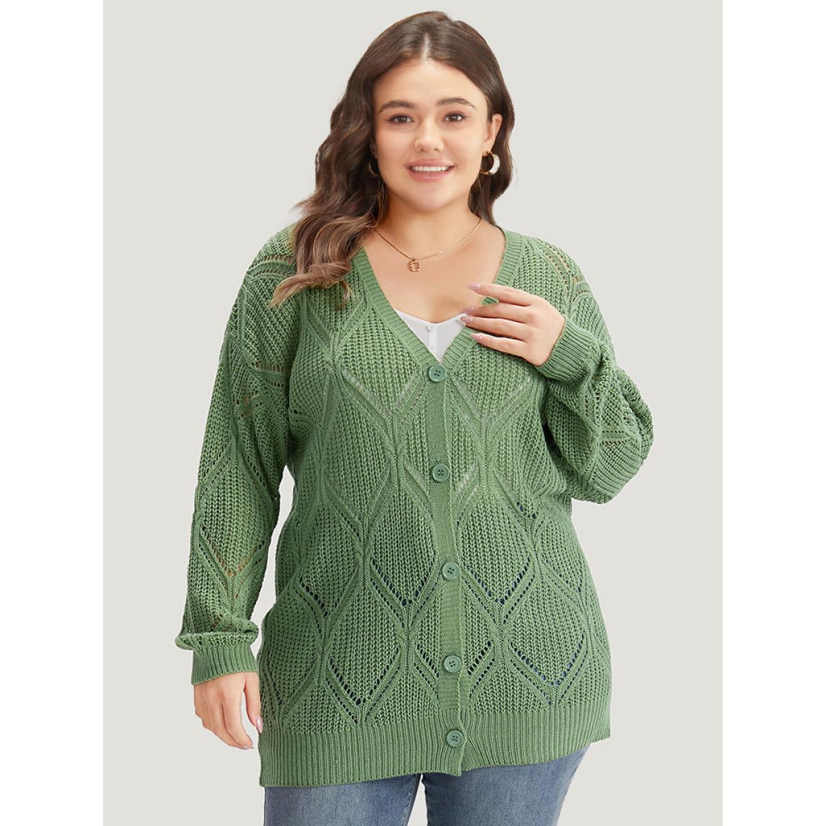 Plus Size Geo Plisse Button Through Elastic Cuffs Cardigan Green Women Casual Loose Long Sleeve Everyday Cardigans BloomChic 22-24/3X Product Image