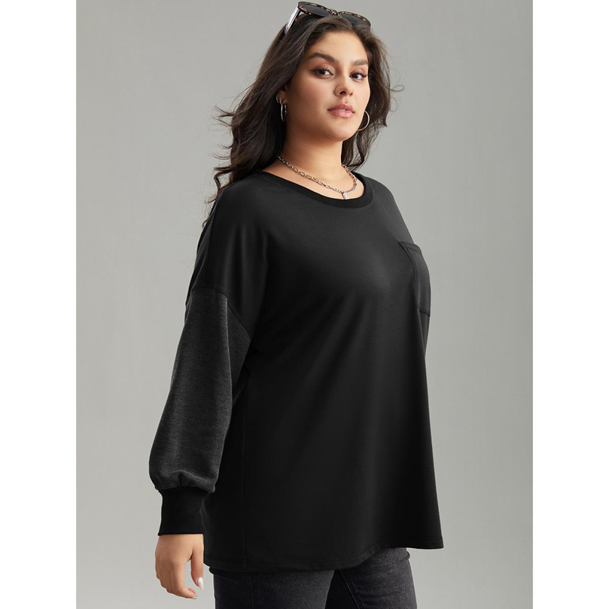Plus Size Two Tone Patched Pocket Drop Shoulder Sweatshirt Women Black Casual Elastic cuffs Round Neck Everyday Sweatshirts BloomChic 30/6X Product Image