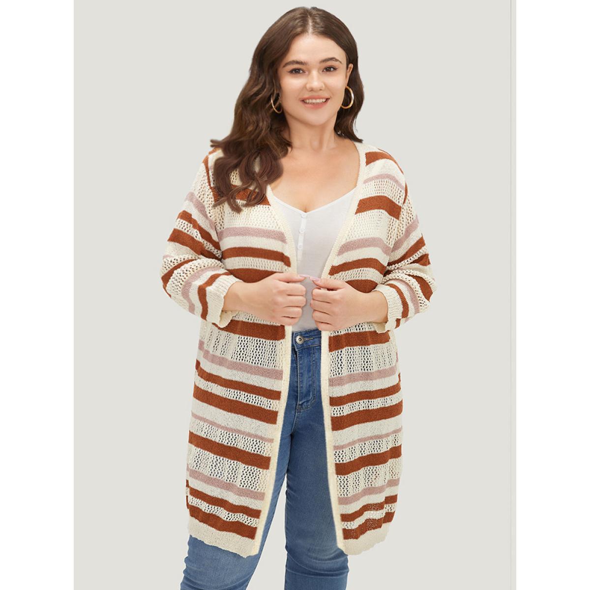 Plus Size Striped Hollow Out Open Front Split Hem Cardigan Multicolor Women Casual Loose Elbow-length sleeve Dailywear Cardigans BloomChic 12/L Product Image
