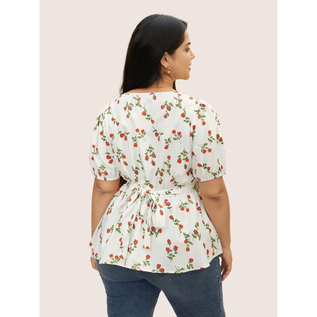 Plus Size Ivory Rose Print Tie Knot Button Detail Ties Blouse Women Elegant Short sleeve V-neck Everyday Blouses BloomChic 18-20/2X Product Image