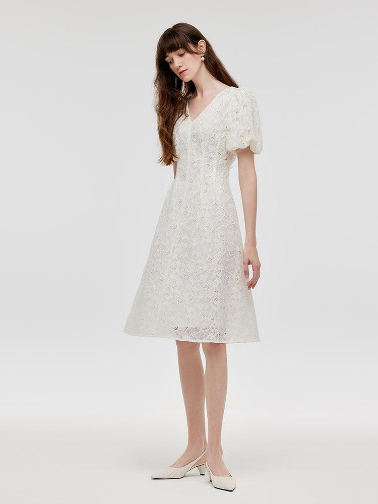 Lace Puff Sleeves Women Midi Dress With Belt Product Image