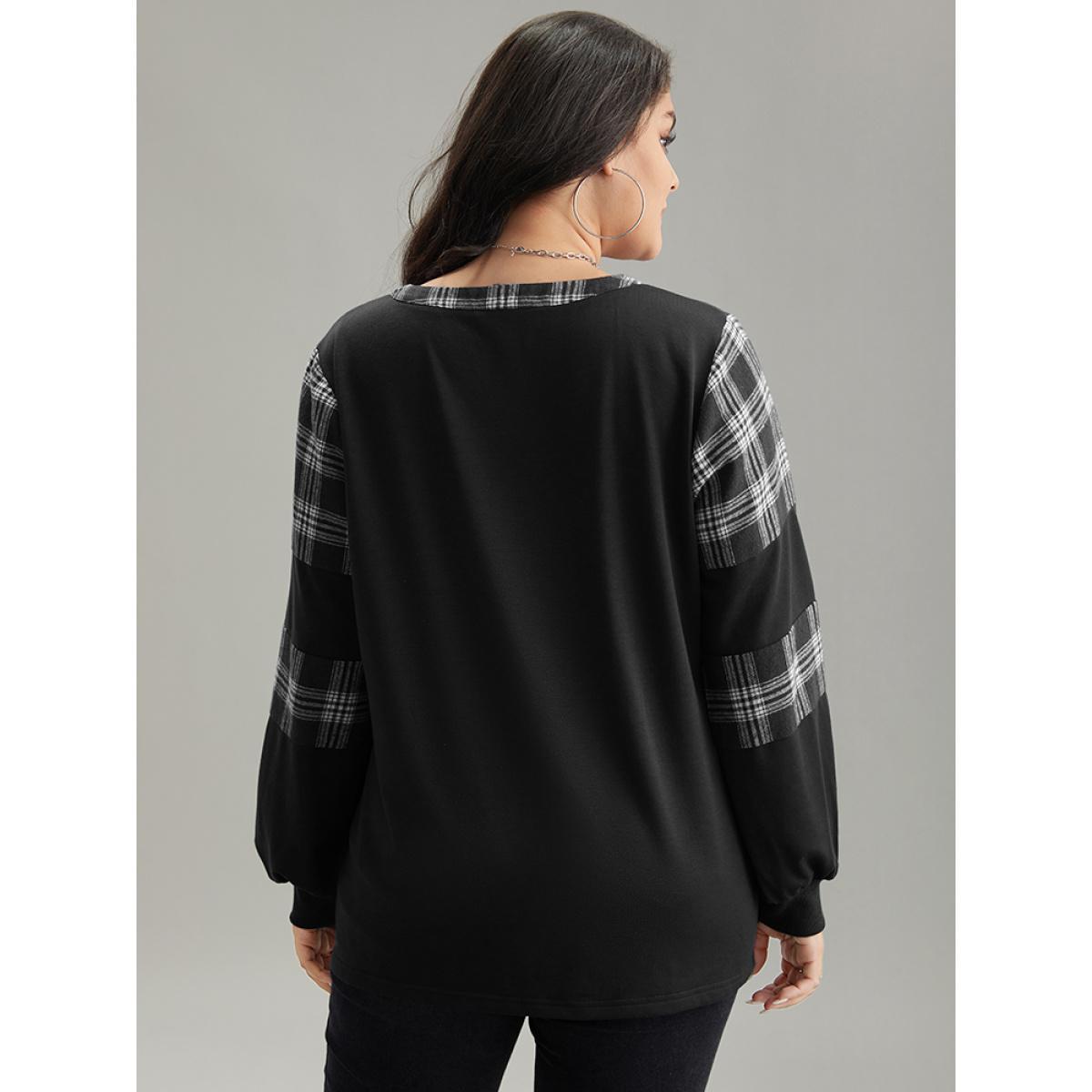 Plus Size Plaid Patchwork Button Up Rib Knit Sweatshirt Women Black Casual Elastic cuffs Open Front Dailywear Sweatshirts BloomChic 30/6X Product Image