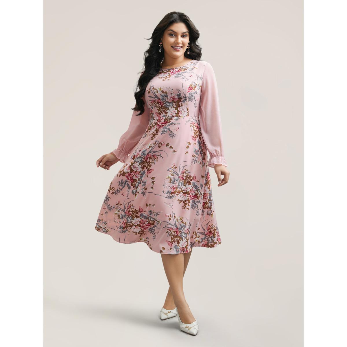 Plus Size Floral Print Spliced Waist Cinched Midi Dress MistyRose Women Elegant See through Round Neck Long Sleeve Curvy BloomChic 26/4X Product Image