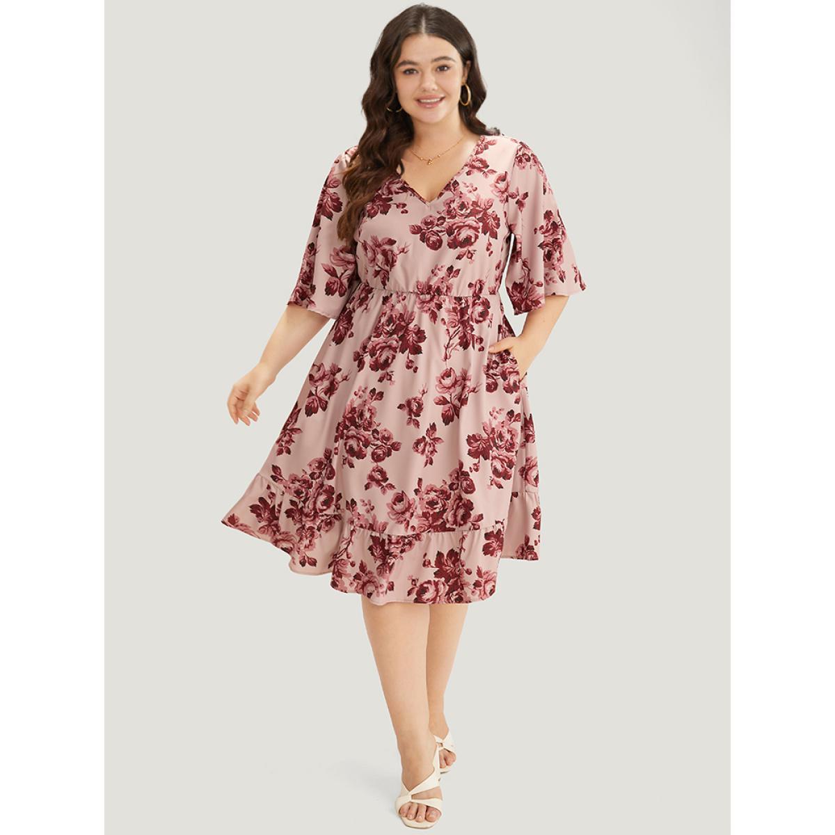 Plus Size Floral Print Pocket Flounce Sleeve Ruffle Dress DustyPink Women Elegant Printed V-neck Half Sleeve Curvy Midi Dress BloomChic 30/6X Product Image