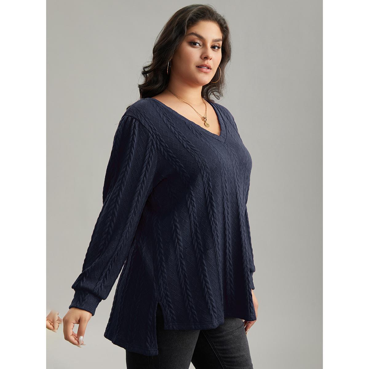Plus Size Plain Cable Knit Elastic Cuffs Sweatshirt Women Indigo Casual Texture V-neck Dailywear Sweatshirts BloomChic 10/M Product Image