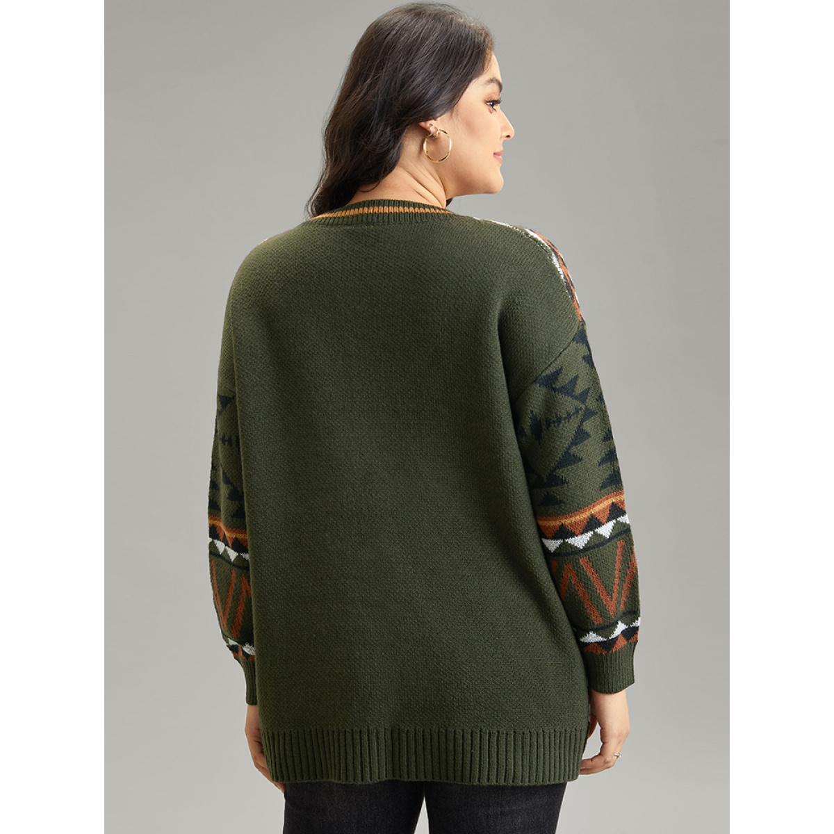 Plus Size Geometric Contrast Crew Neck Drop Shoulder Pullover DarkGreen Women Casual Loose Long Sleeve V-neck Everyday Pullovers BloomChic 26/4X Product Image