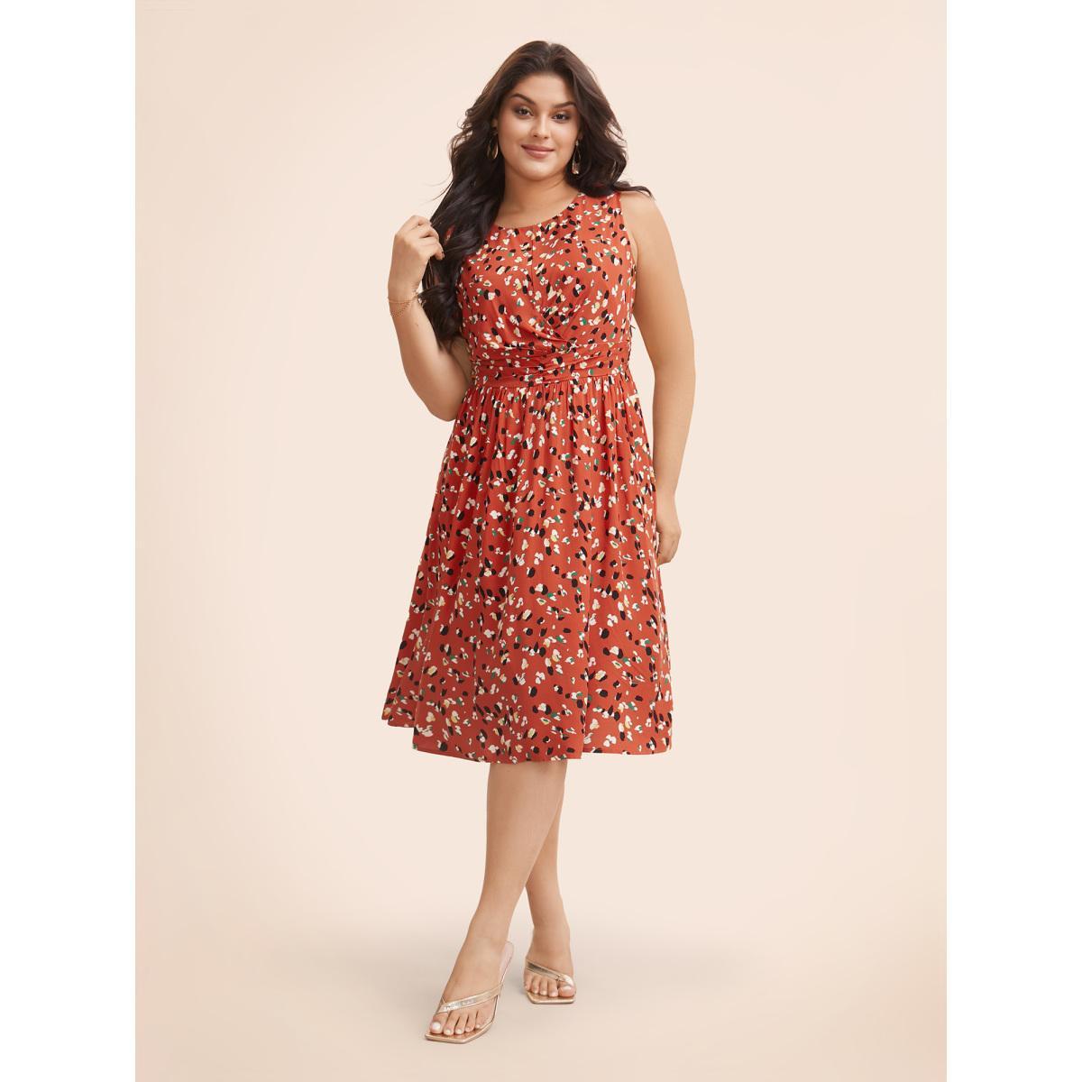 Plus Size Allover Print Pocket Flutter Crossover Ruched Tank Dress OrangeRed Women Elegant Twist Round Neck Sleeveless Curvy Midi Dress BloomChic 18-20/2X Product Image