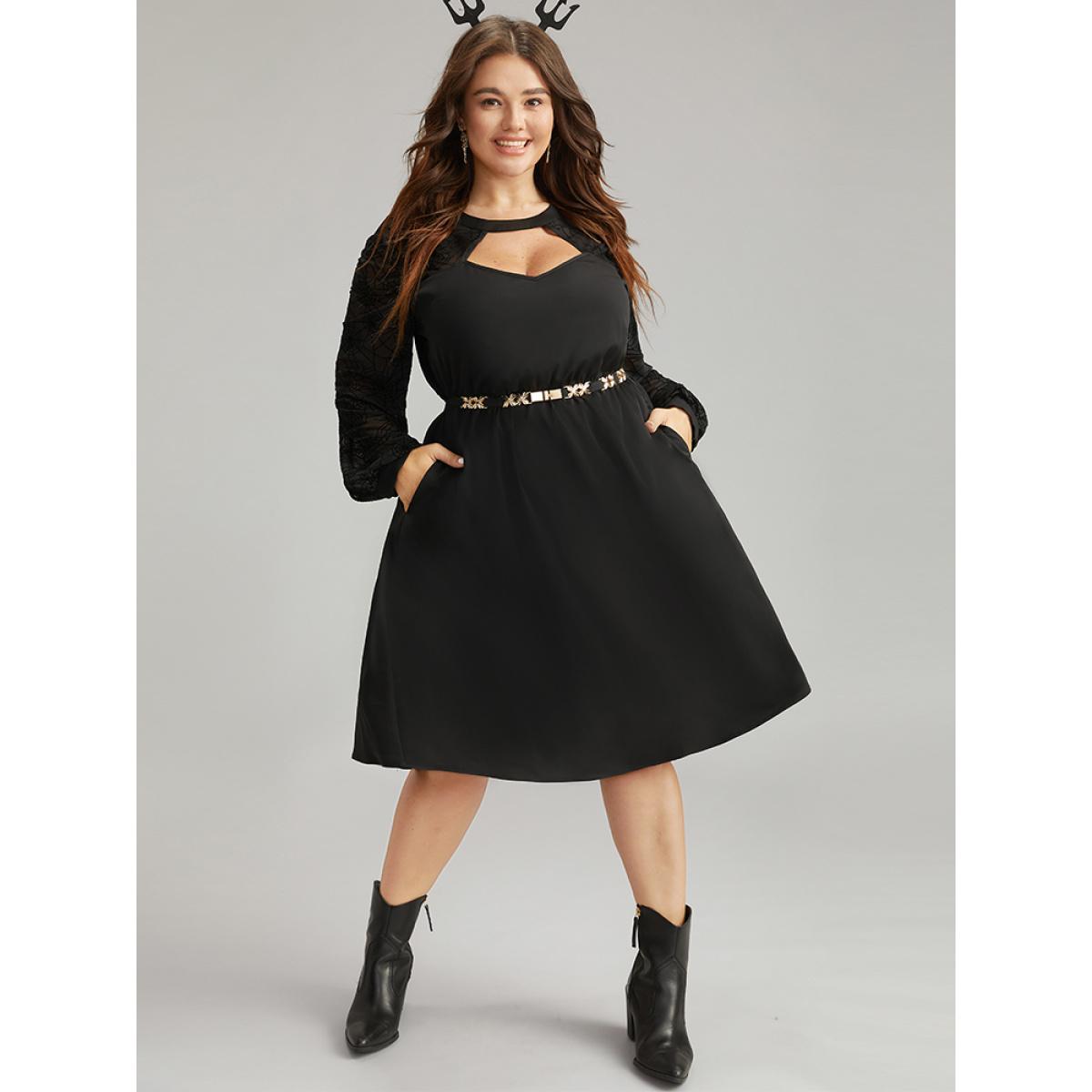 Plus Size Anti-Wrinkle Halloween Keyhole Mesh Pocket Dress Black Women Elegant See through Round Neck Long Sleeve Curvy Knee Dress BloomChic 18-20/2X Product Image