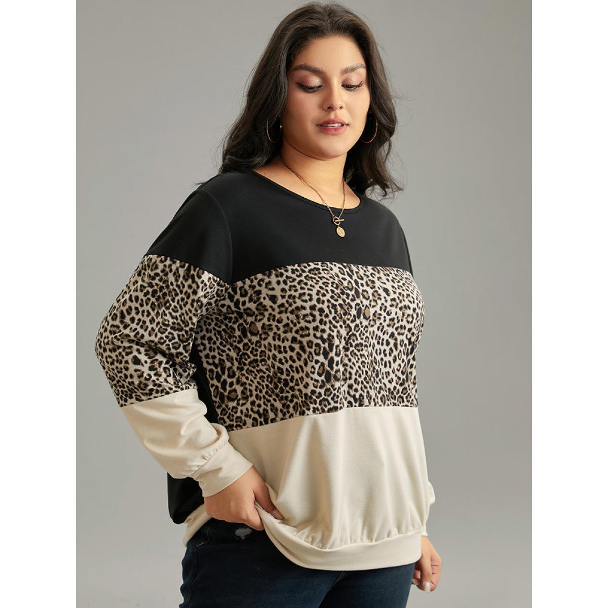 Plus Size Leopard Contrast Elastic Hem Sweatshirt Women Black Casual Contrast Round Neck Dailywear Sweatshirts BloomChic 14-16/1X Product Image
