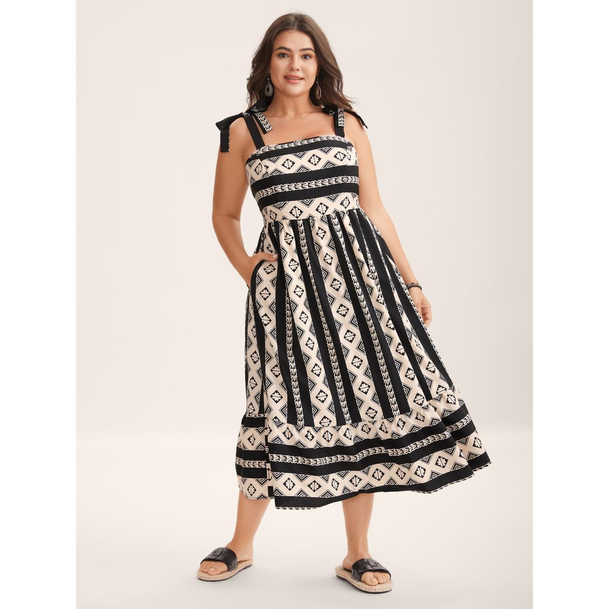 Plus Size Boho Stripes Bow Pockets Midi Dress BlackFlower Women Non Sleeveless Curvy BloomChic 28/5X Product Image