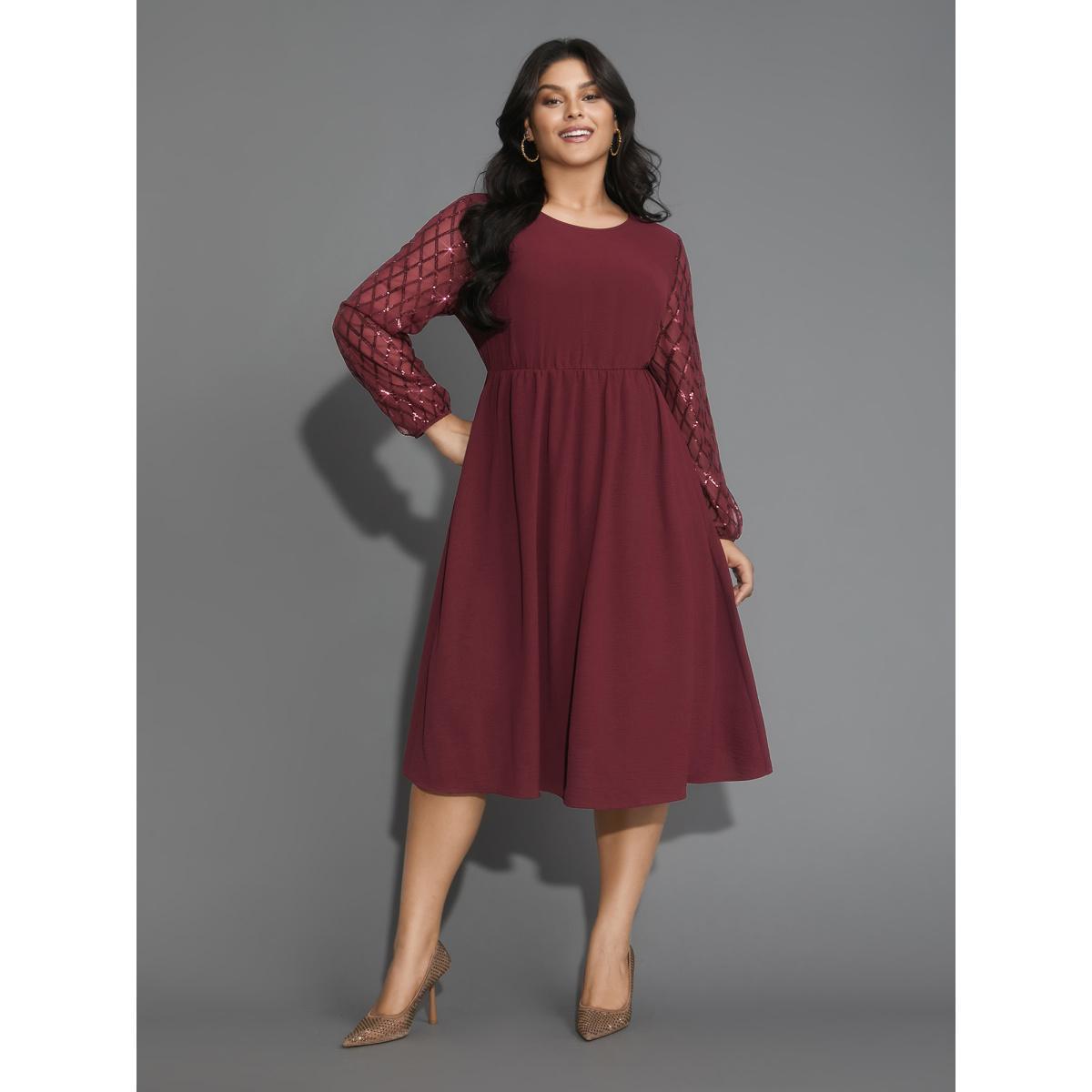 Plus Size Texture Sequin Mesh Patchwork Belted Dress Burgundy Women Cocktail Texture Round Neck Long Sleeve Curvy BloomChic 22-24/3X Product Image