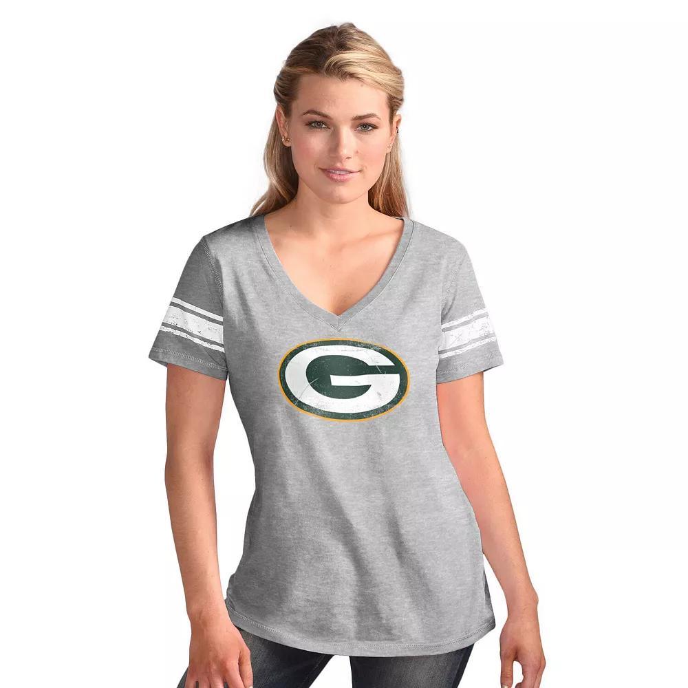 Women's G-III 4Her by Carl Banks  Heather Gray Green Bay Packers First Pick Distressed V-Neck T-Shirt, Size: Medium, Grey Product Image
