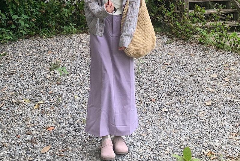 Plain Cable-Knit Cardigan / High Waist Maxi H-Line Skirt Product Image