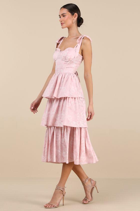 Lovely Bliss Pink Floral Jacquard Strapless Bustier Midi Dress Product Image