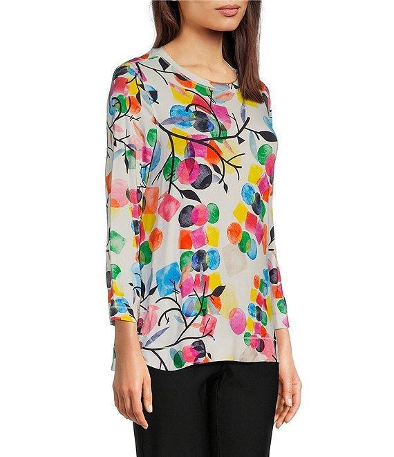 Ali Miles Abstract Print Straight Button Hem Round Neck 3/4 Sleeve Tunic Product Image