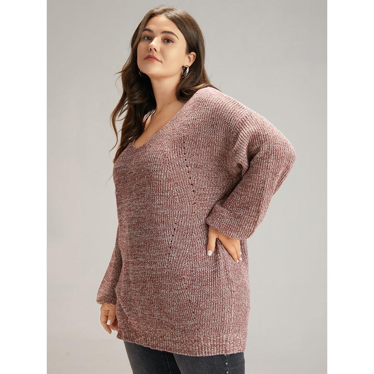 Plus Size Elastic Hem Lantern Sleeve V Neck Pullover Rust Women Casual Loose Long Sleeve V-neck Dailywear Pullovers BloomChic 14-16/1X Product Image