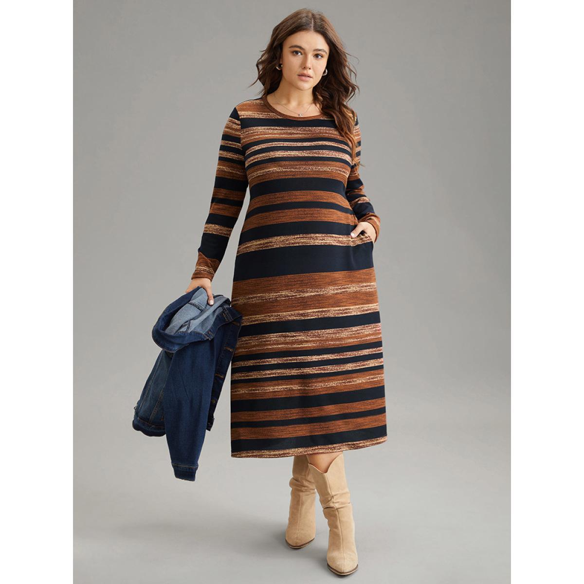 Plus Size Striped Contrast Elastic Waist Crew Neck Knit Dress DarkBrown Women Casual Printed Round Neck Long Sleeve Curvy Midi Dress BloomChic 18-20/2X Product Image