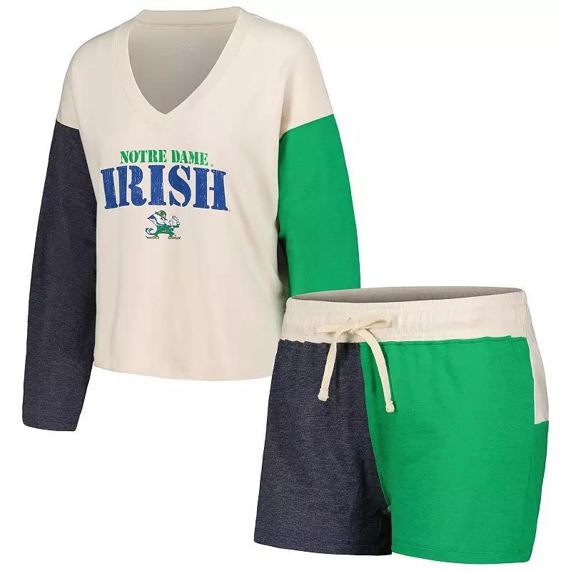 Womens Wes & Willy Cream Notre Dame Fighting Irish Colorblock Tri-Blend Long Sleeve V-Neck T-Shirt & Shorts Sleep Set Product Image