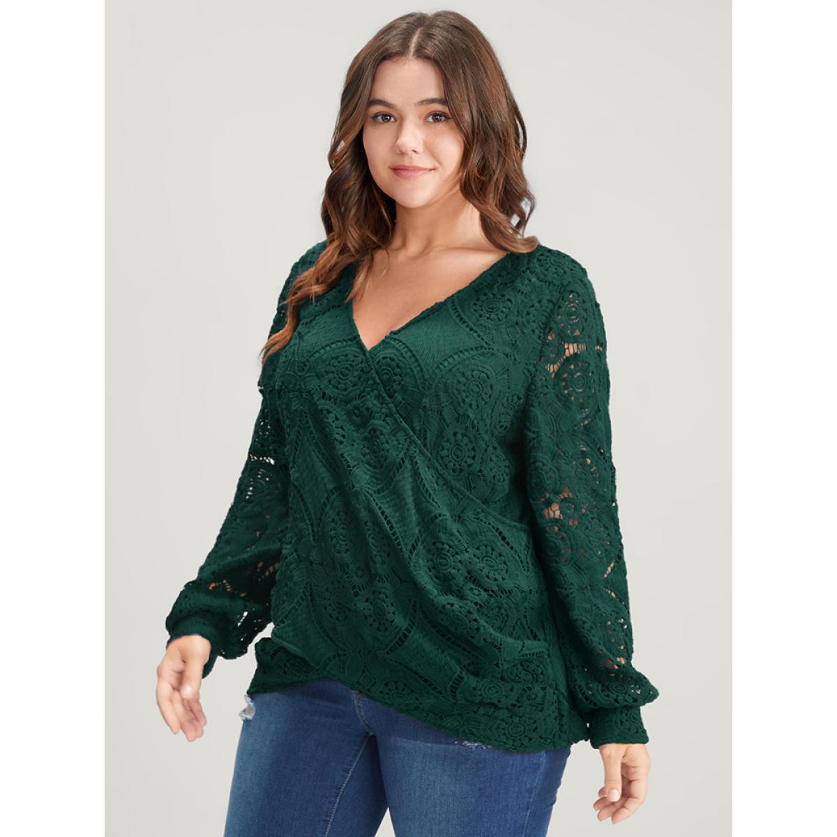 Plus Size DarkGreen Solid Crossover Hem Lace Blouse Women Glamour Long Sleeve V-neck Going out Blouses BloomChic 30/6X Product Image