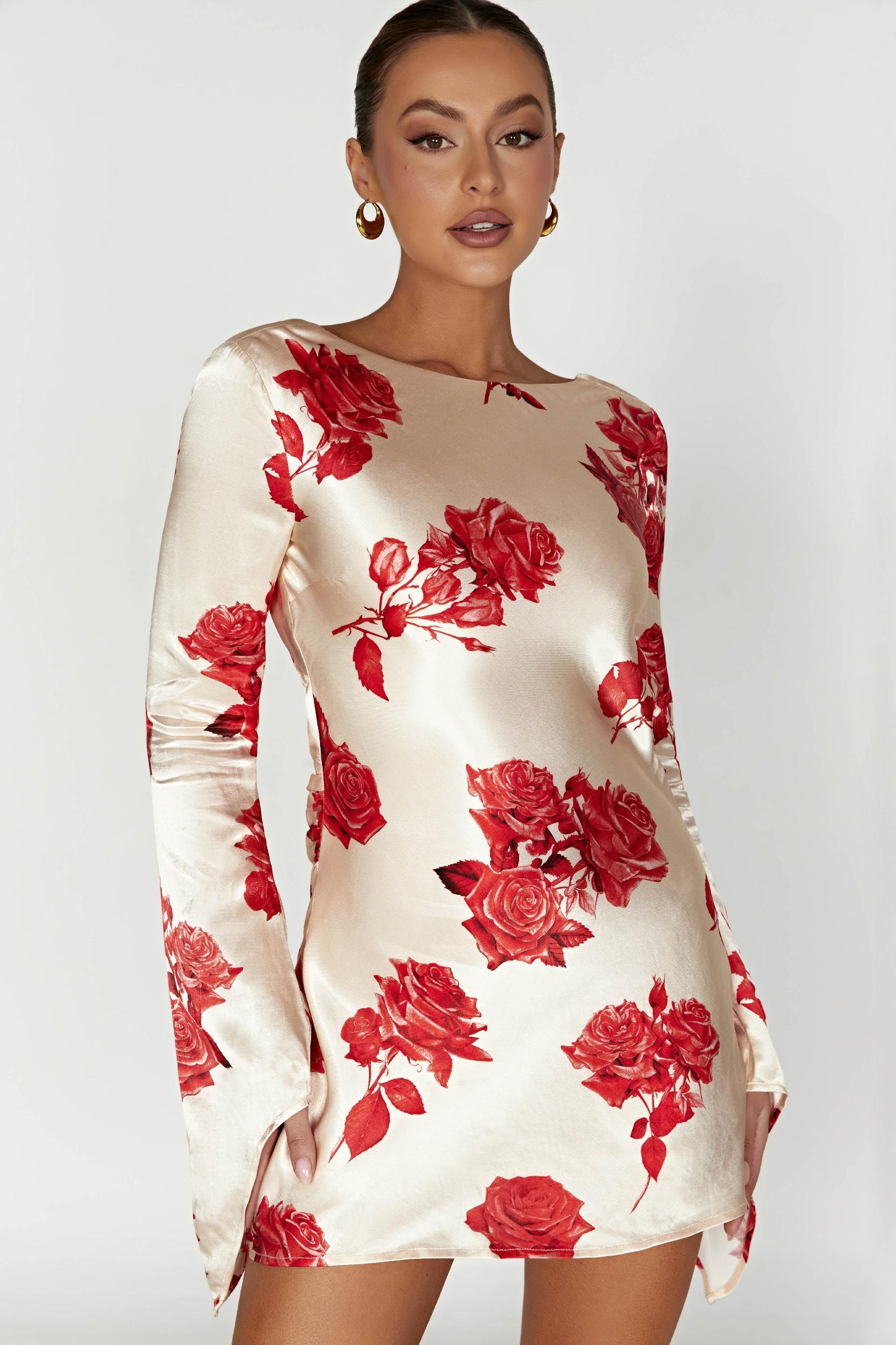 Davina Satin Long Sleeve Mini Dress - Rose Print Product Image