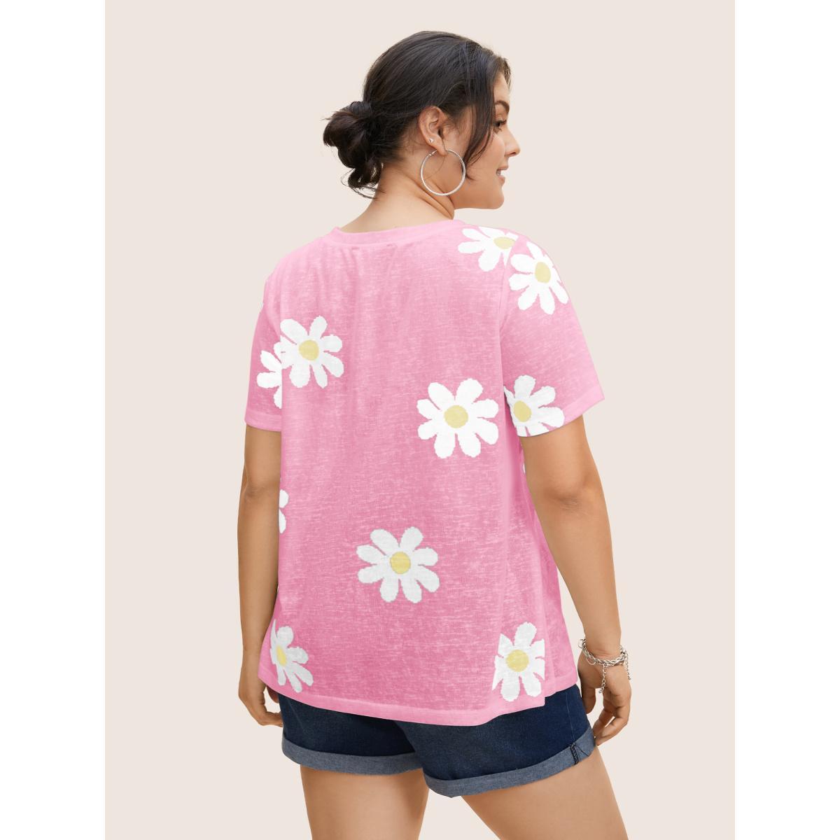 Plus Size Colored Floral V Neck See Through T-Shirt Blush Women Casual See through Art&design V-neck Everyday T-shirts BloomChic 30/6X Product Image
