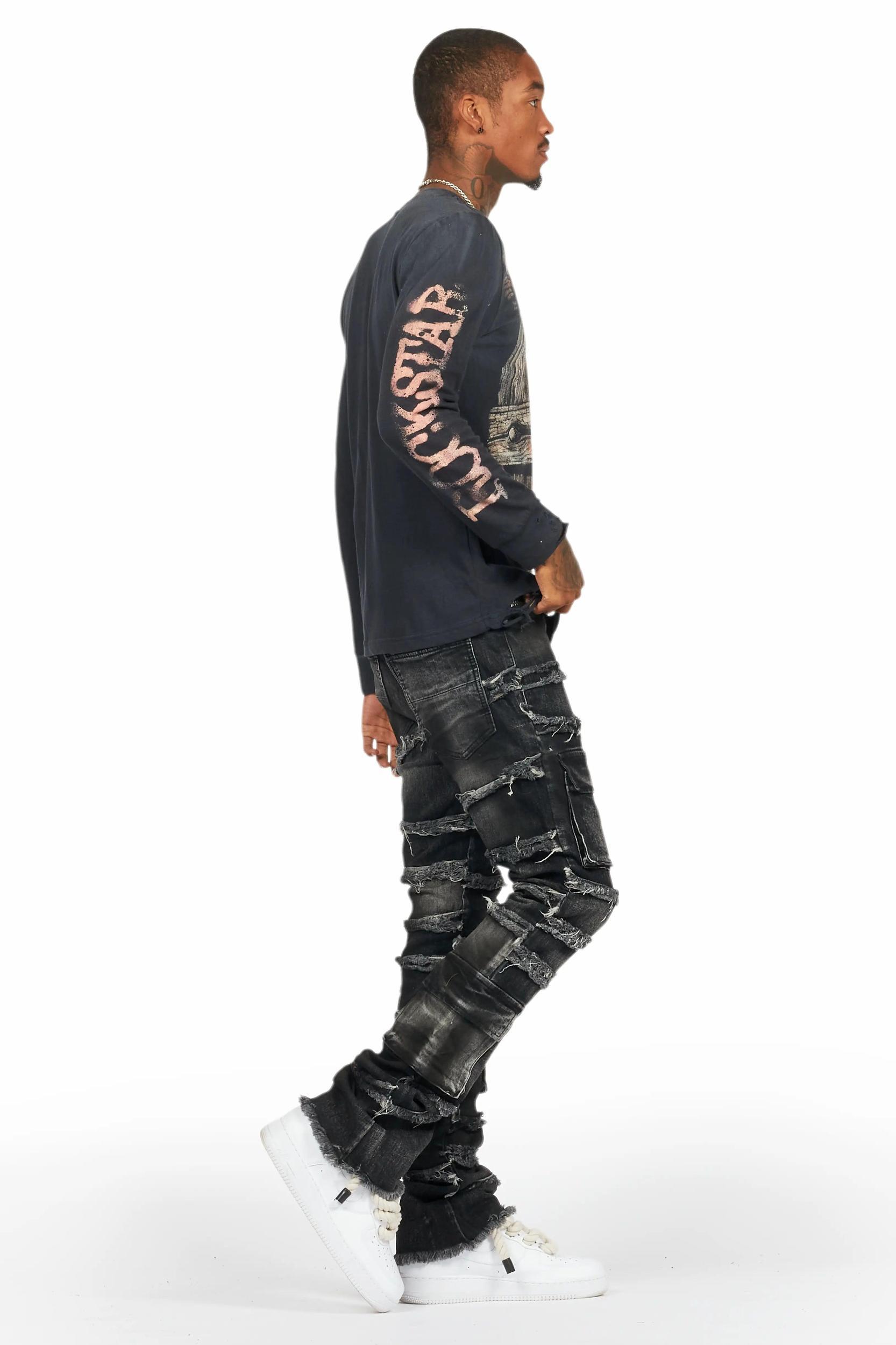 Yves Black Stacked Flare Cargo Jean Male Product Image