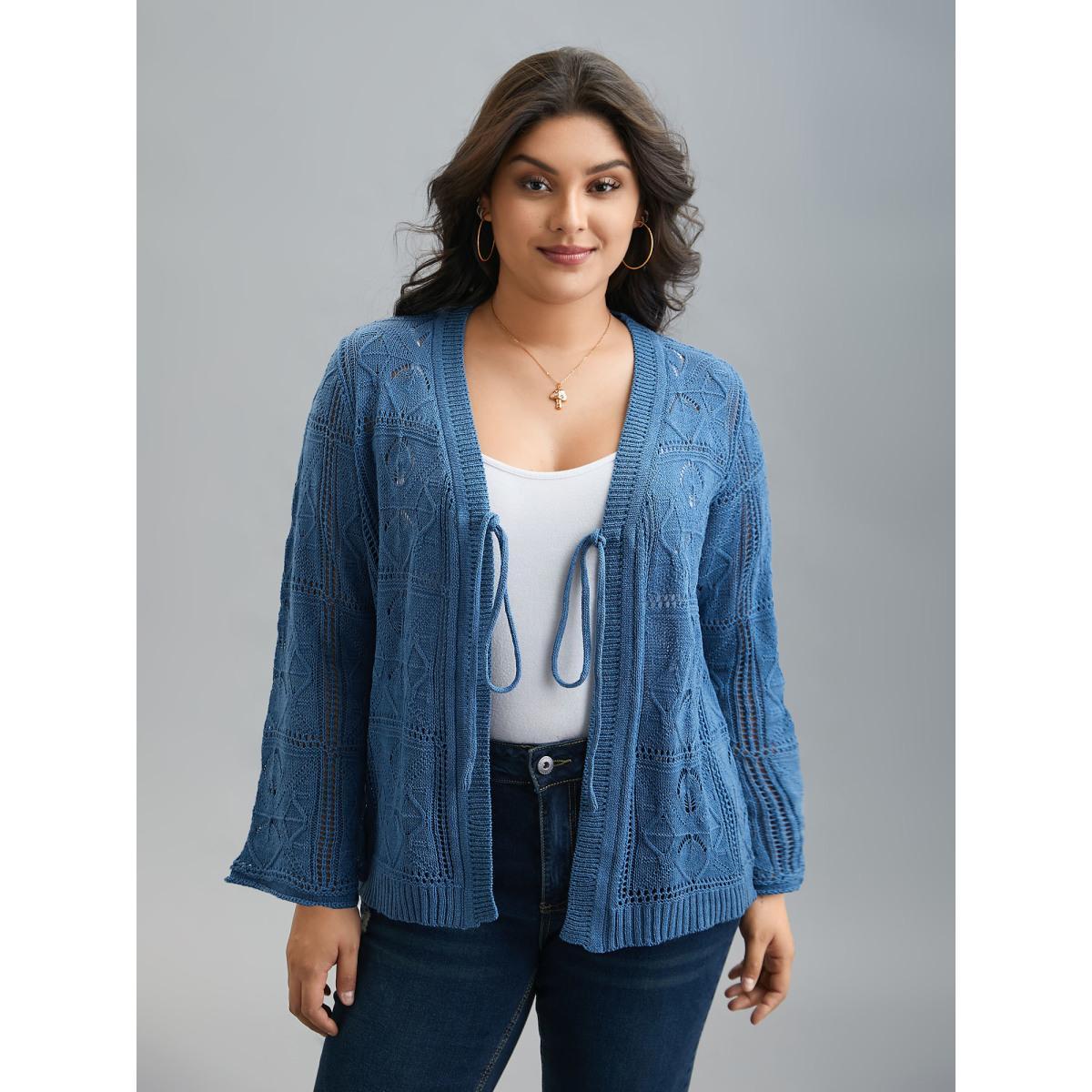 Plus Size Front-Tie Textured Eyelet Knit Cardigan Aegean Women Casual Loose Long Sleeve Everyday Cardigans BloomChic 18-20/2X Product Image