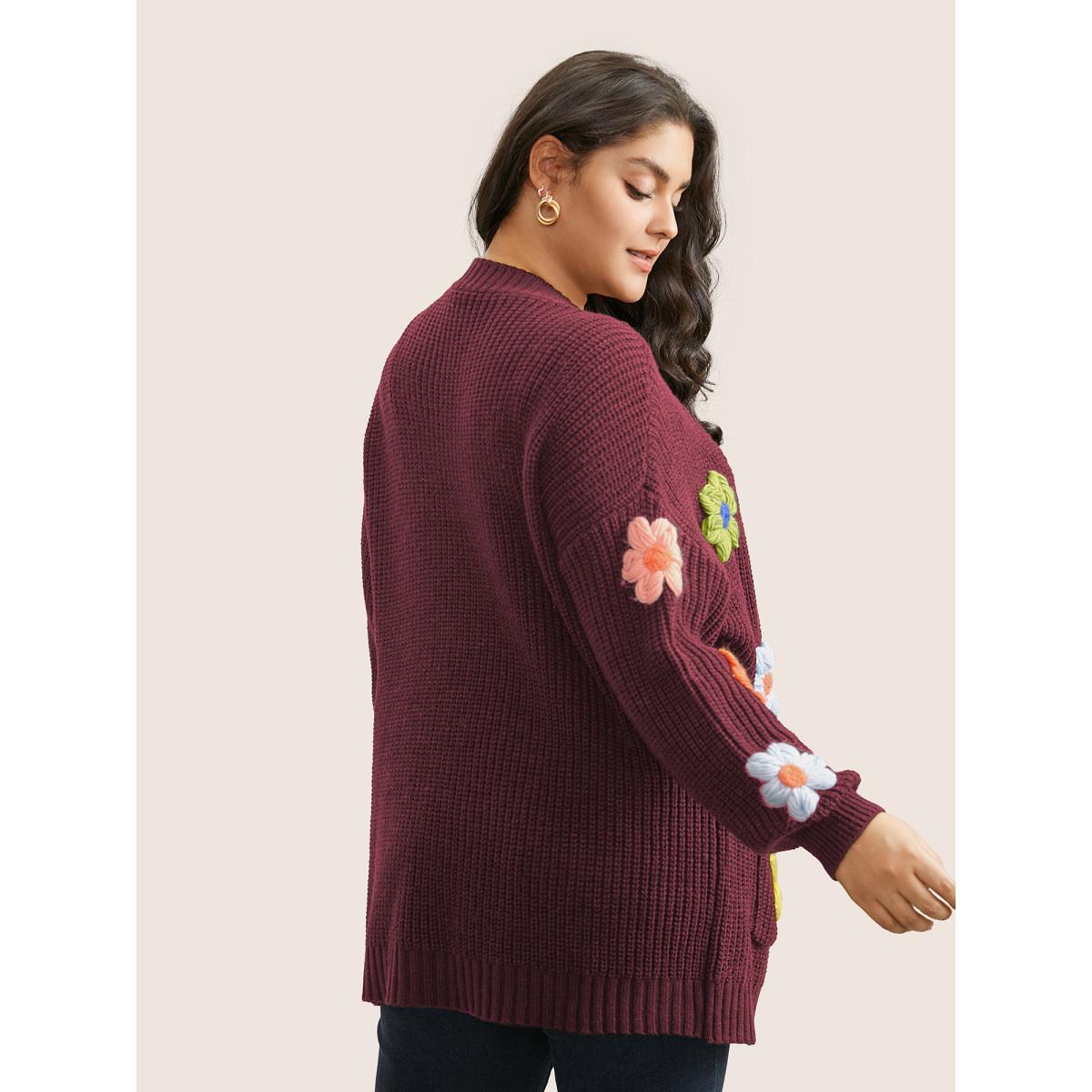Plus Size Rainbow Floral Pocket Open Front Cardigan Burgundy Women Casual Long Sleeve Everyday Cardigans BloomChic 10/M Product Image
