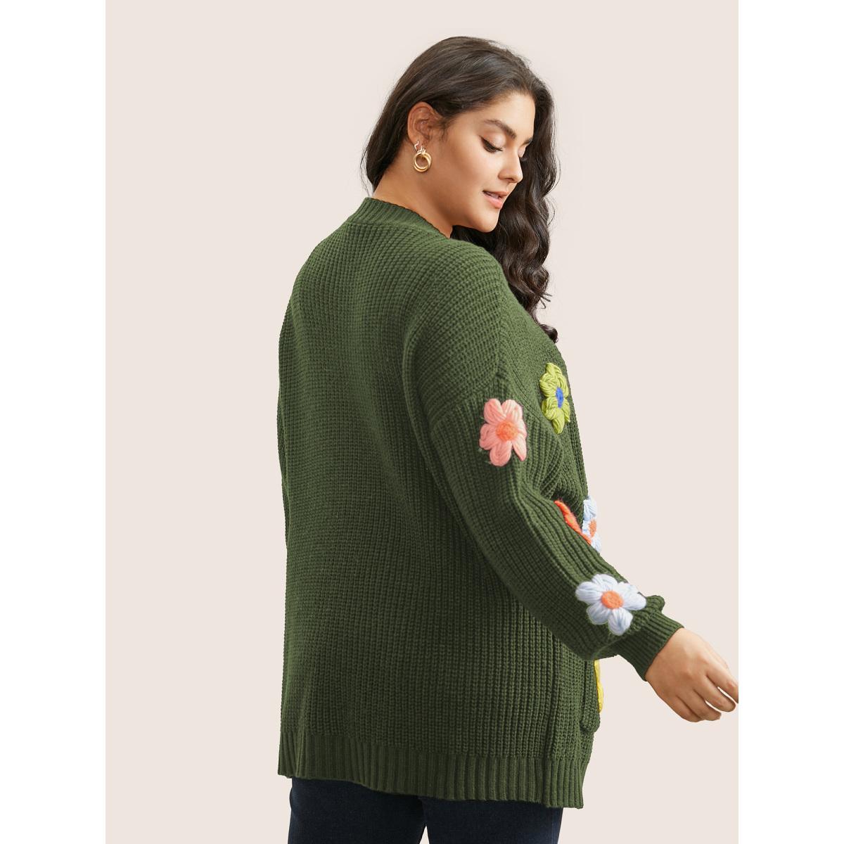 Plus Size Rainbow Floral Pocket Open Front Cardigan ArmyGreen Women Casual Long Sleeve Everyday Cardigans BloomChic 18-20/2X Product Image