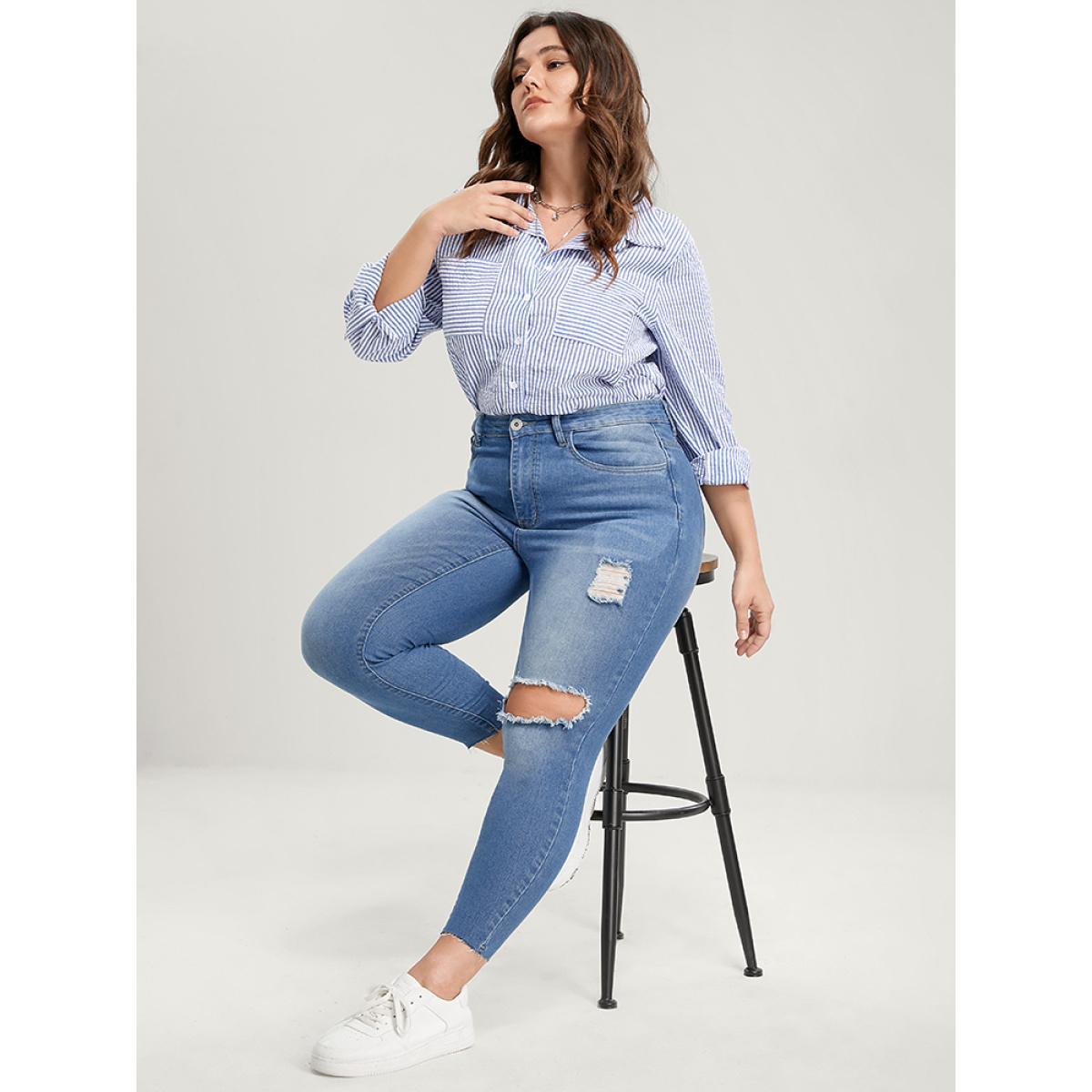 Plus Size Skinny Very Stretchy High Rise Medium Wash Distressed Jeans Women LightBlue Casual Plain High stretch Pocket Jeans BloomChic 16/1X Product Image