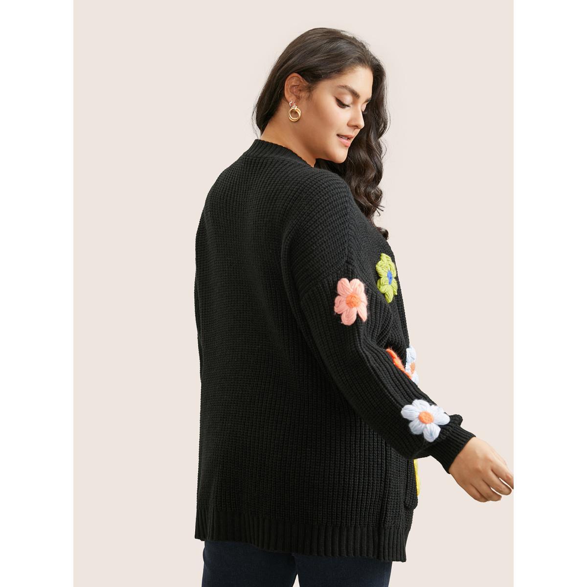 Plus Size Rainbow Floral Pocket Open Front Cardigan Black Women Casual Long Sleeve Everyday Cardigans BloomChic 10/M Product Image