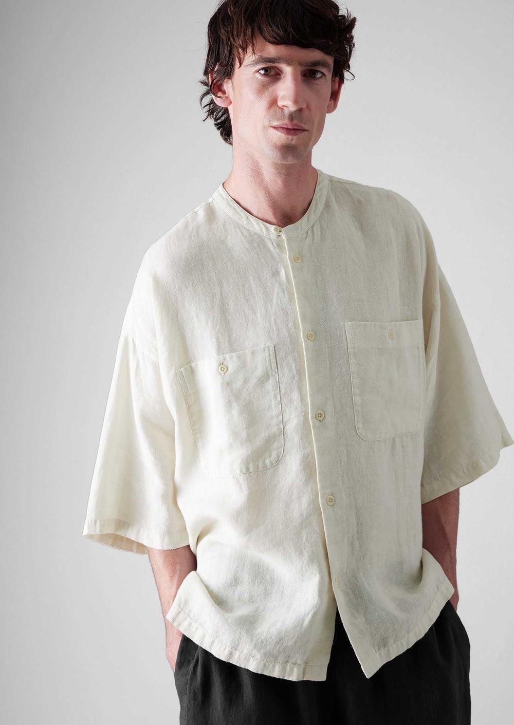 Garment Dyed Linen Grandad Collar Shirt | Oat Product Image