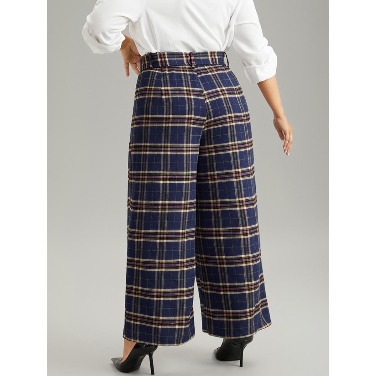 Plus Size Plaid Pocket Eyelet Belted Straight Leg Pants Women Indigo Office Straight Leg High Rise Work Pants BloomChic 18-20/2X Product Image