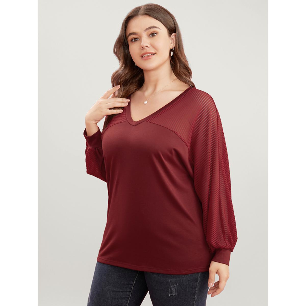 Plus Size Striped Mesh Patchwork Dolman Sleeve V Neck Long Tee Scarlet Women Elegant See through Plain Round Neck Dailywear T-shirts BloomChic 26/4X Product Image