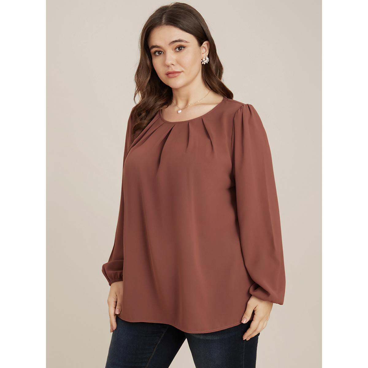 Plus Size DustyPink Solid Round Neck Pleated Lantern Sleeve Blouse Women Elegant Long Sleeve Round Neck Dailywear Blouses BloomChic 12/L Product Image