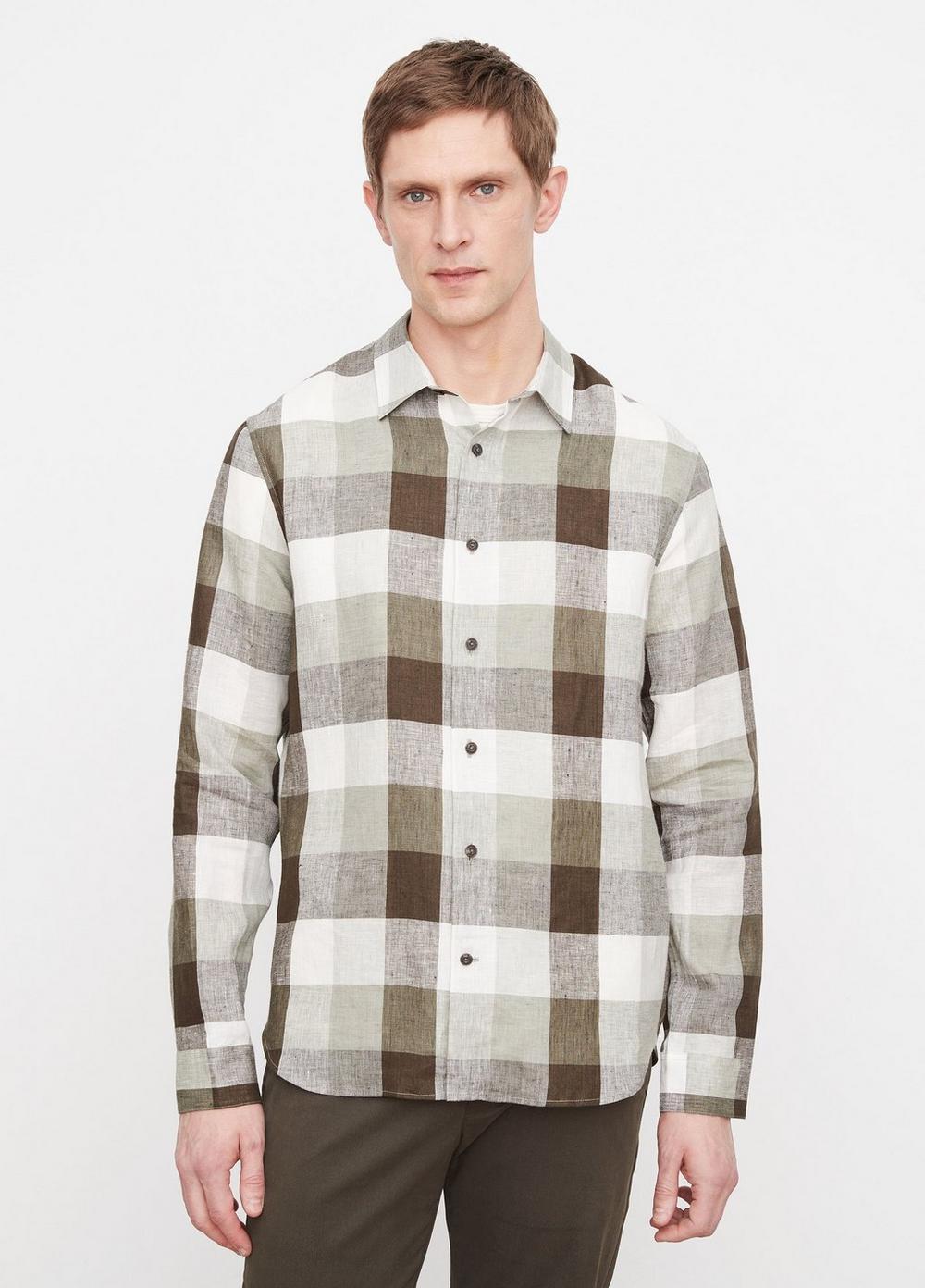 Mens Madrid Buffalo Plaid Linen Long-Sleeve Shirt, Sage/off White, Size S Vince Product Image