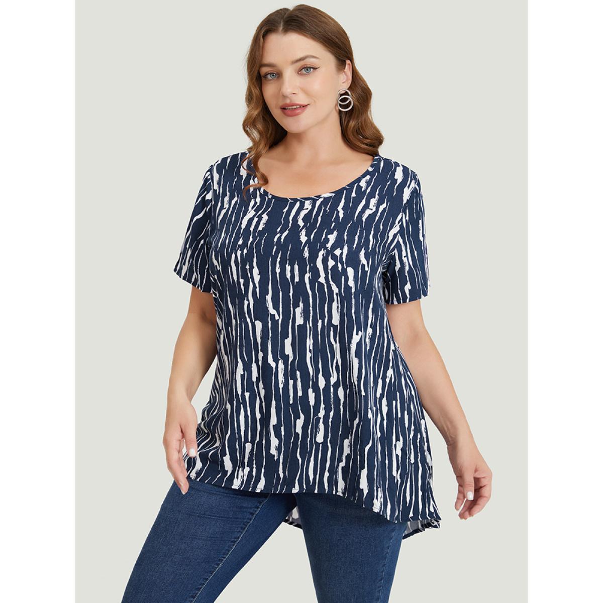 Plus Size Indigo Water Ripple High Low Hem Blouse Women Elegant Short sleeve Round Neck Dailywear Blouses BloomChic 30/6X Product Image