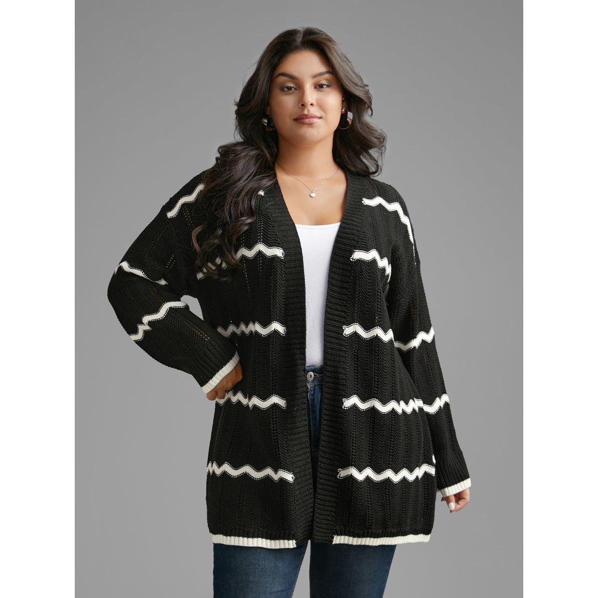 Plus Size Striped Textured Pointelle Knit Cardigan Black Women Casual Long Sleeve Everyday Cardigans BloomChic 22-24/3X Product Image