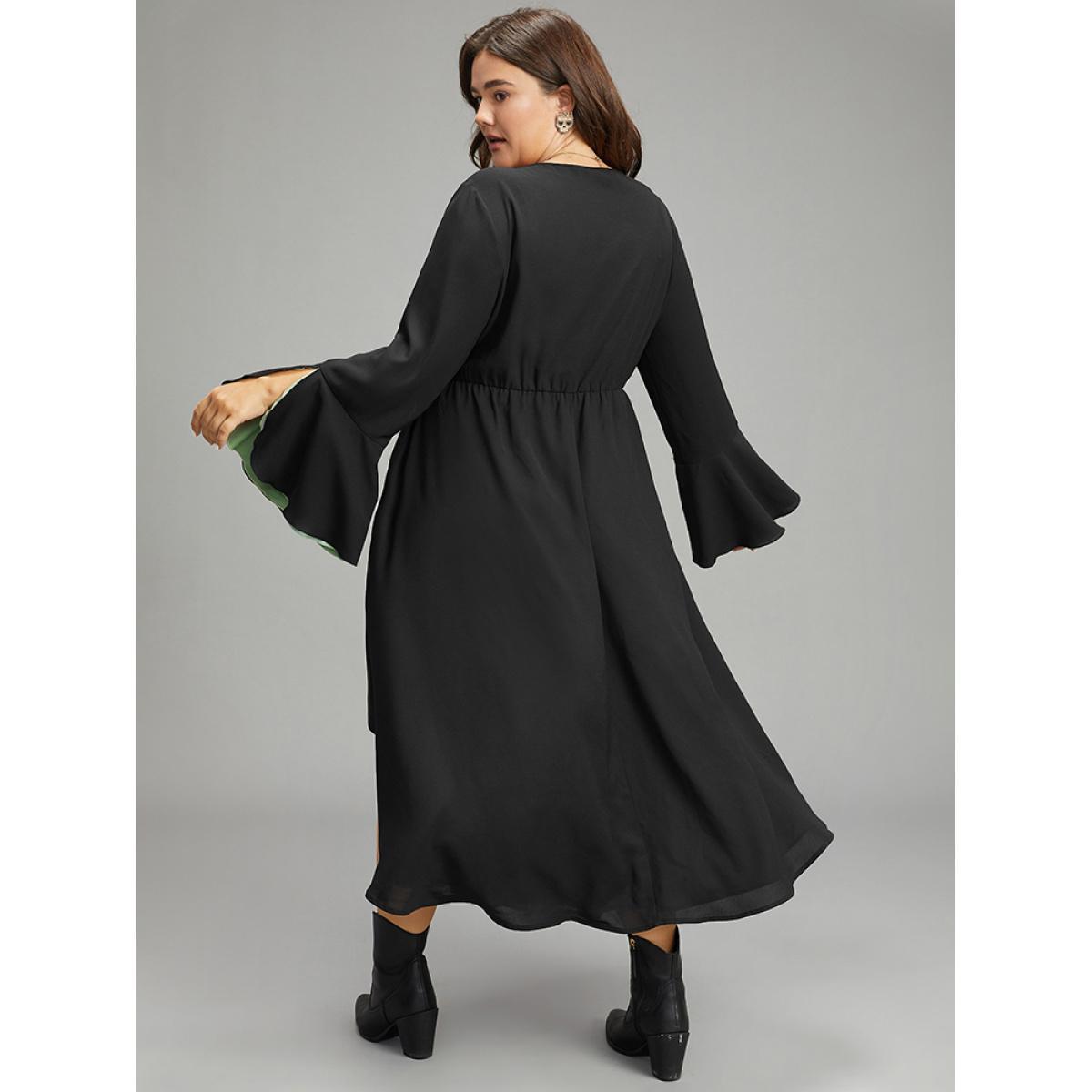 Plus Size Halloween Contrast Split Bell Sleeve High Low Hem Dress Black Women Glamour Lined Round Neck Long Sleeve Curvy Midi Dress BloomChic 12/L Product Image