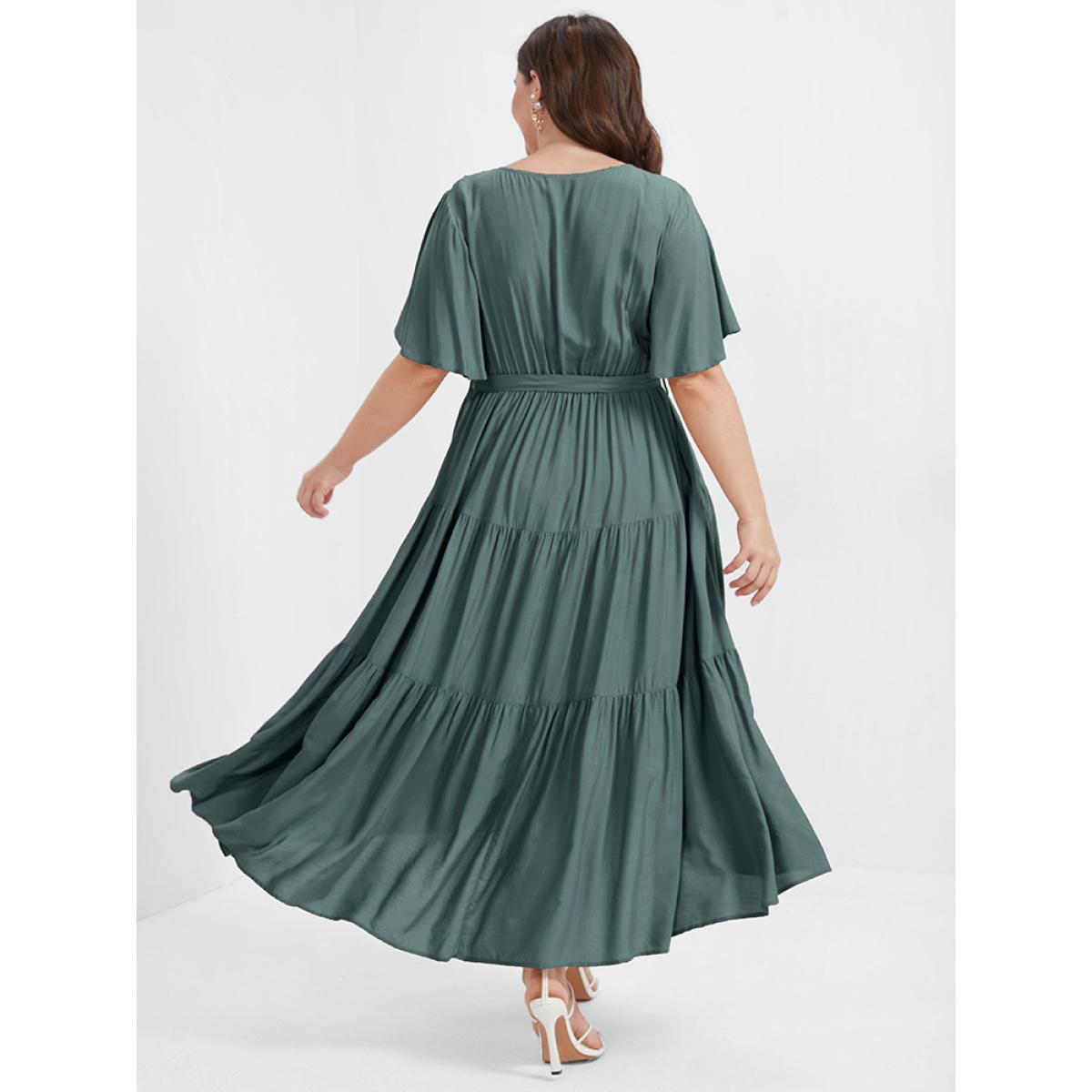 Plus Size Solid Button Pocket Belted Ruffles Wrap Midi Dress Emerald Women Elegant Cross straps V-neck Short sleeve Curvy Long Dress BloomChic 28/5X Product Image