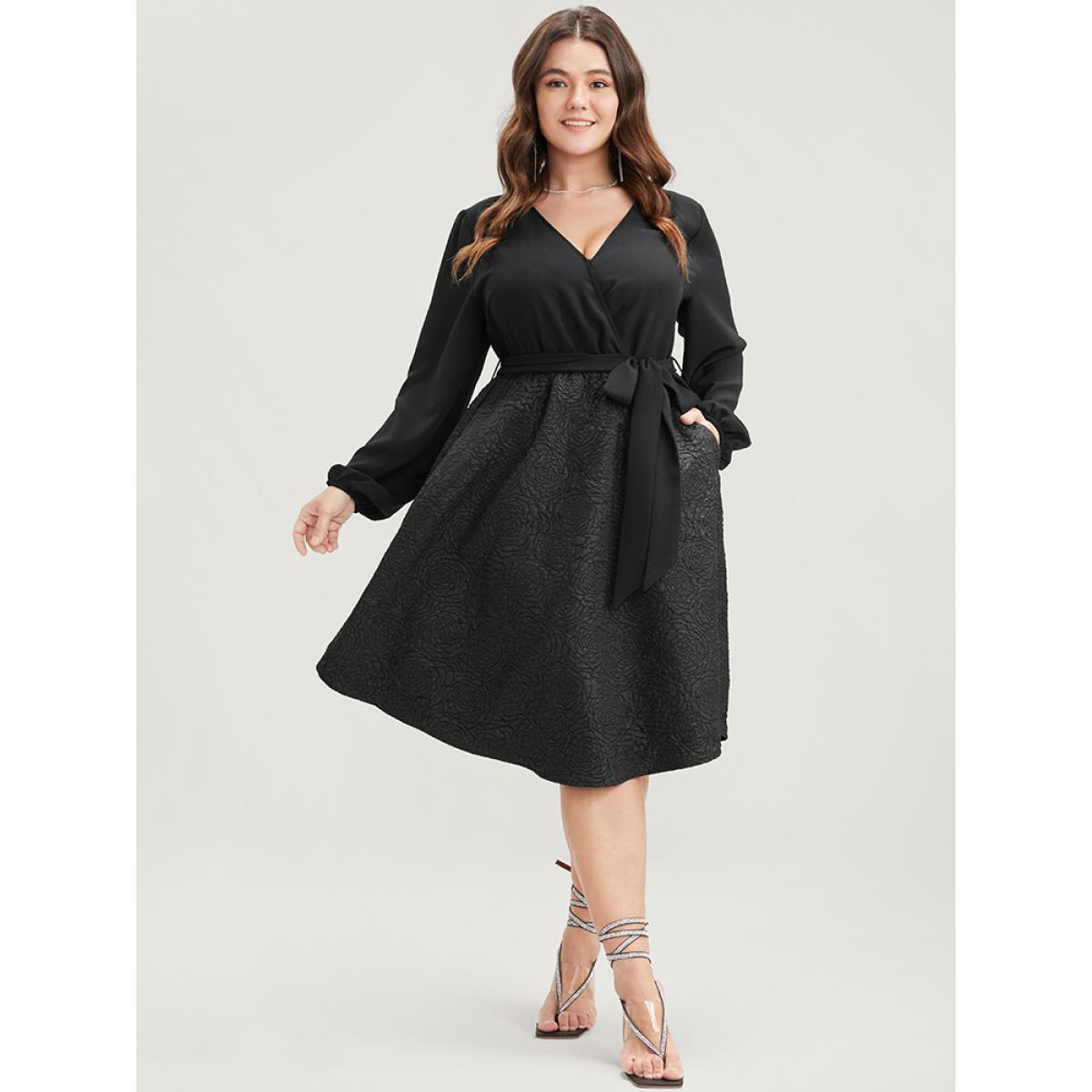 Plus Size Solid Patchwork Wrap Pocket Belted Rose Textured Dress Black Women Office Patchwork V-neck Long Sleeve Curvy Knee Dress BloomChic 28/5X Product Image