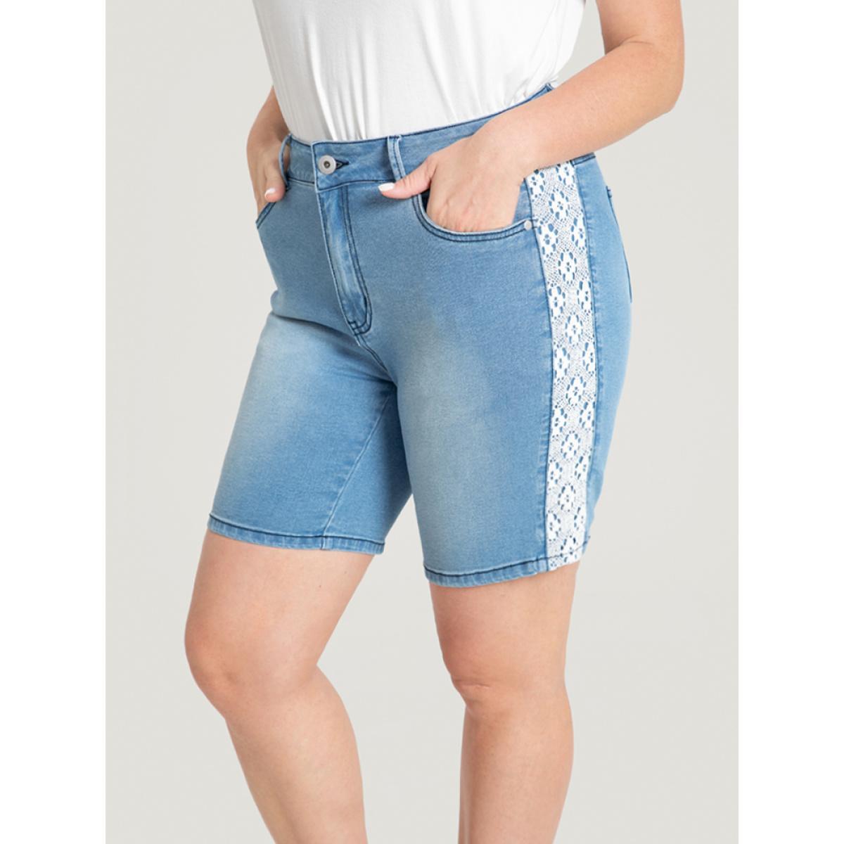 Plus Size Very Stretchy High Rise Light Wash Contrast Lace Denim Shorts Women LightBlue High stretch Dailywear Casual Denim Shorts BloomChic 30/6X Product Image