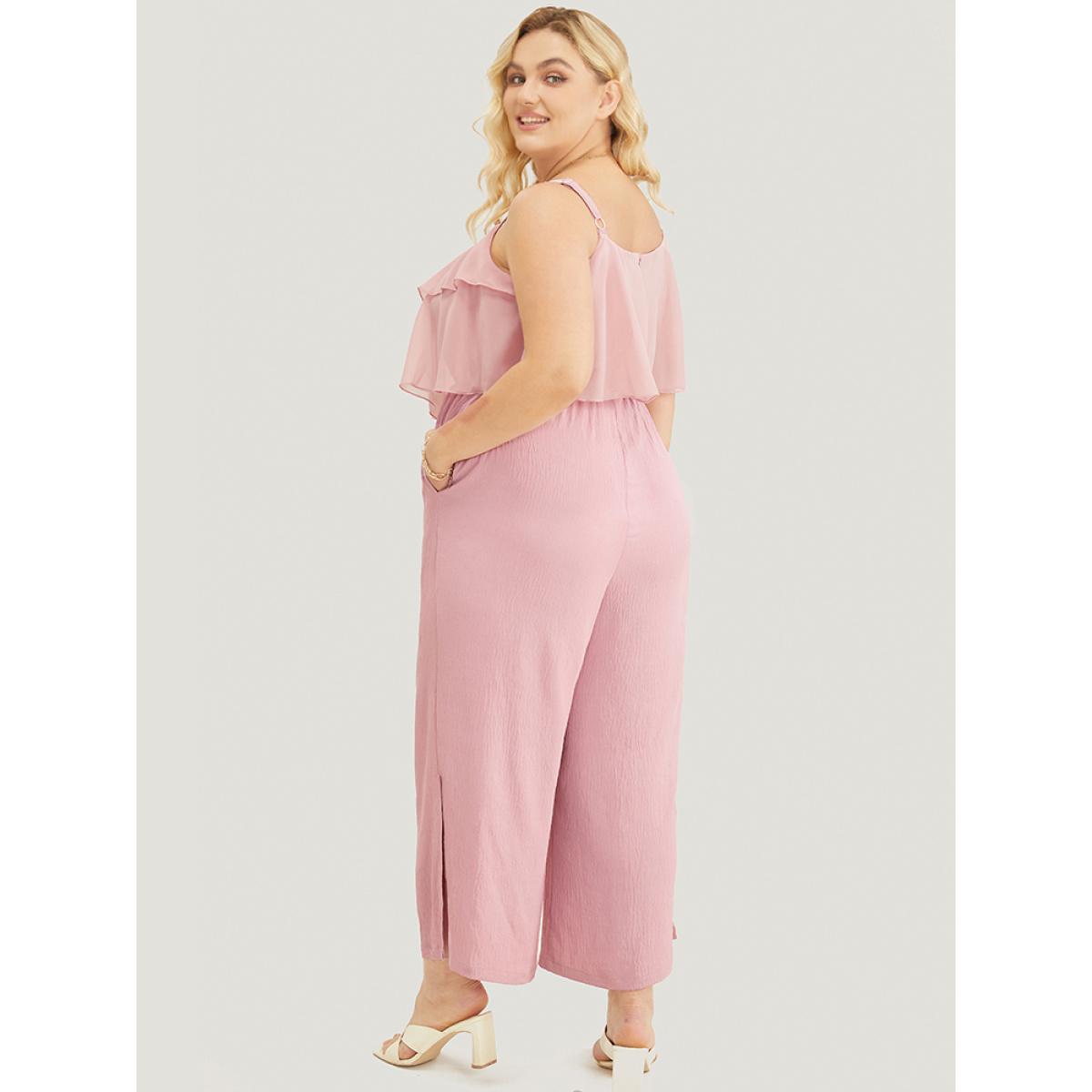 Plus Size MistyRose Solid Ruffle Trim Pocket Split Hem Keyhole Cami Jumpsuit Women Elegant Sleeveless Spaghetti Strap Dailywear Loose Jumpsuits BloomChic 28/5X Product Image