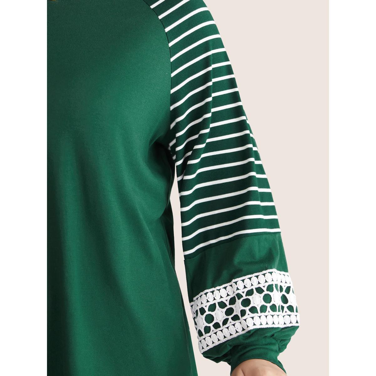 Plus Size Striped Guipure Lace Raglan Sleeve T-shirt DarkGreen Women Elegant Plain Striped Round Neck Dailywear T-shirts BloomChic 12/L Product Image