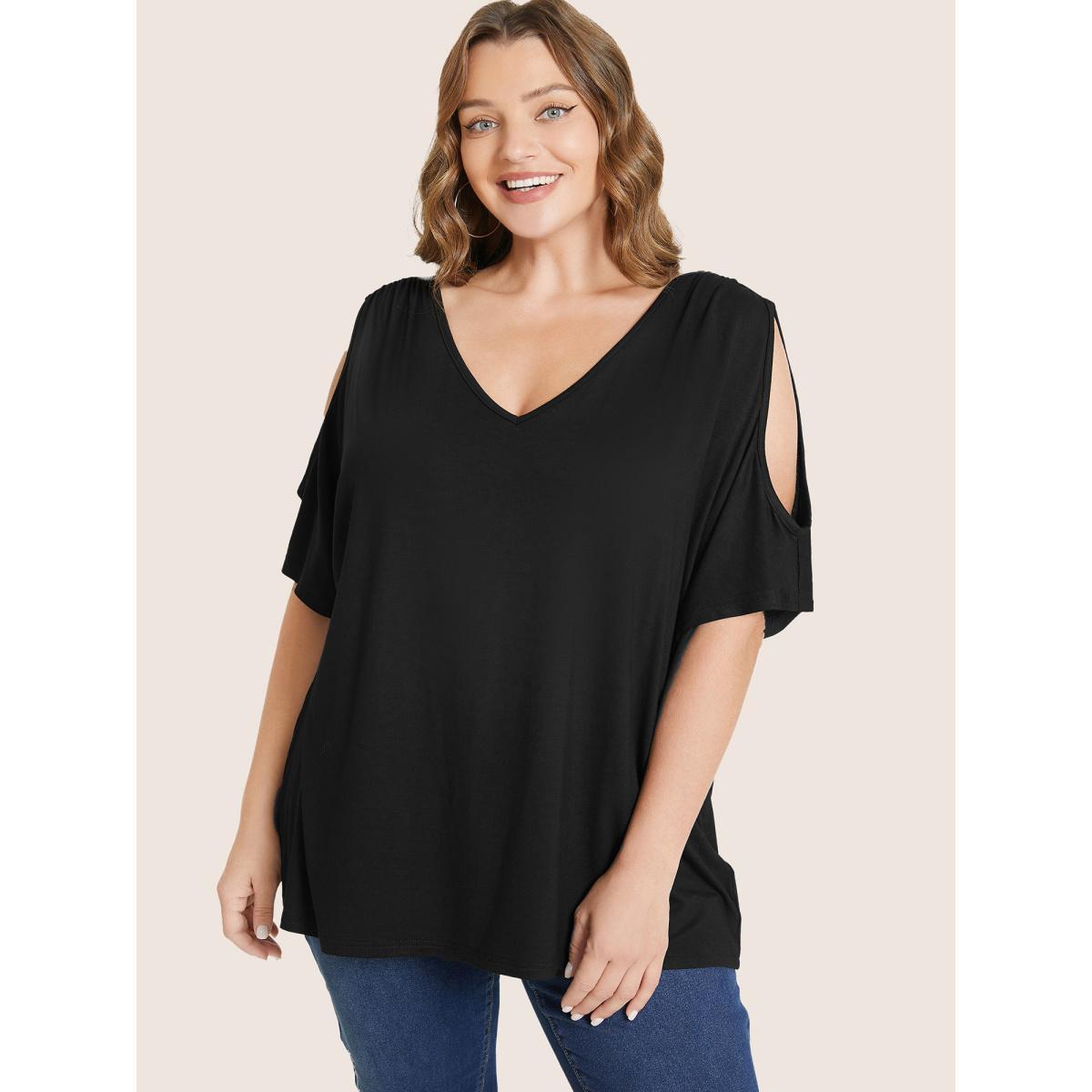 Plus Size Plain Cut Out V Neck T-shirt Black Women Elegant Cut-Out Plain V-neck Everyday T-shirts BloomChic 14-16/1X Product Image