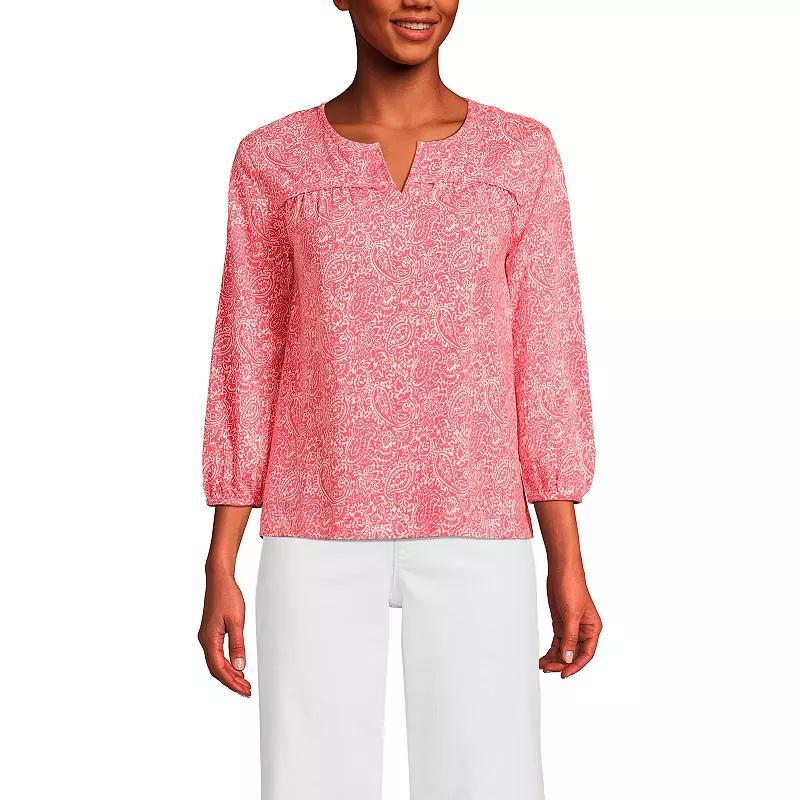 Women's Lands' End 3/4 Sleeve Slub Notch Neck Top, Size: Large, White Green Stripe Product Image