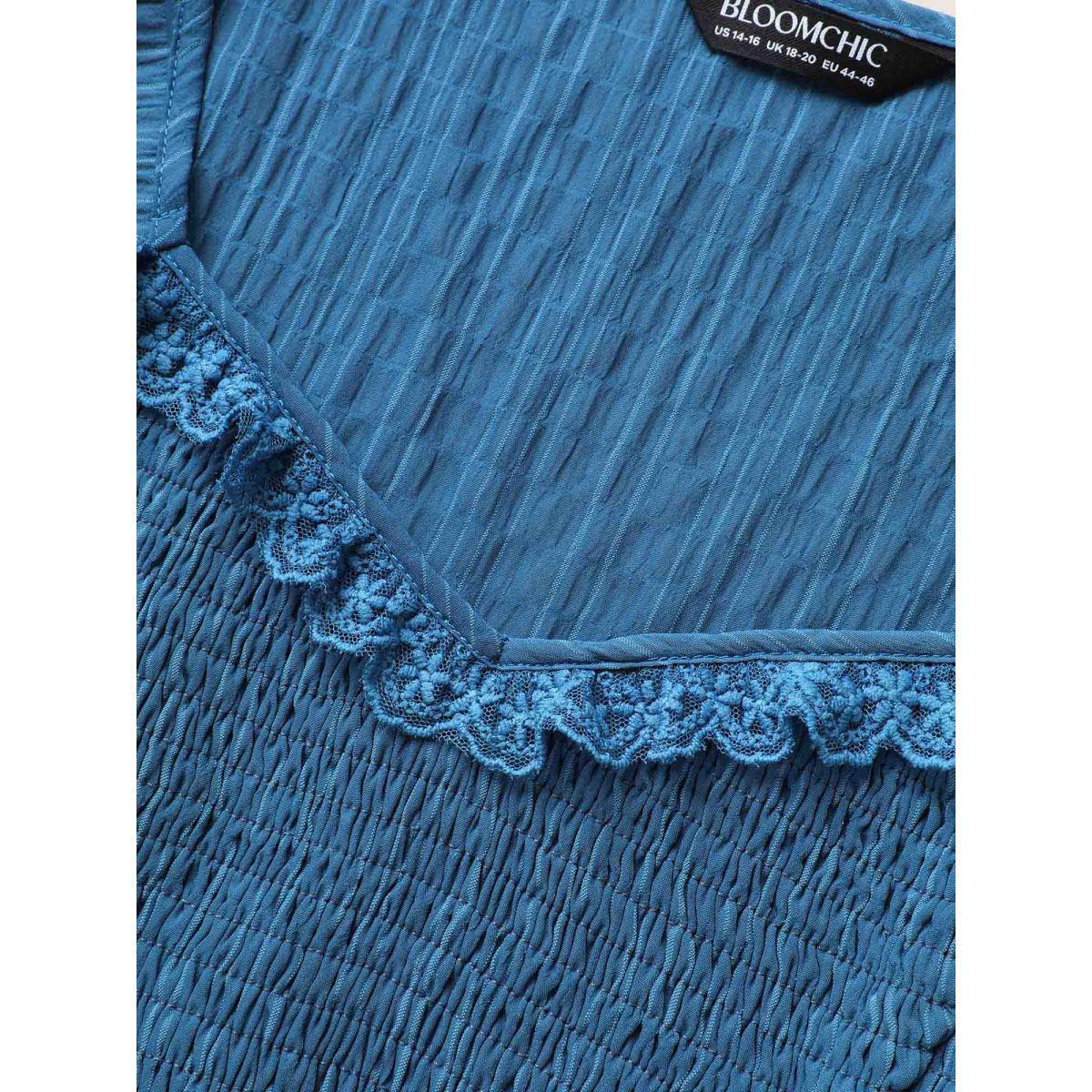 Plus Size Cerulean Plain Textured Frill Trim Ruffle Sleeve Blouse Women Elegant Short sleeve Heart neckline Everyday Blouses BloomChic 12/L Product Image