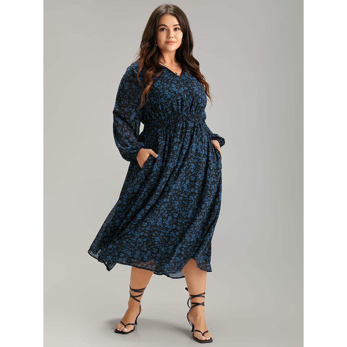 Plus Size Chiffon Ditsy Floral Pocket Shirred Cuffs Dress Black Women Elegant Elastic cuffs V-neck Long Sleeve Curvy Midi Dress BloomChic 10/M Product Image