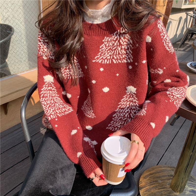 Long-Sleeve Round Neck Christmas Tree Print Sweater Product Image