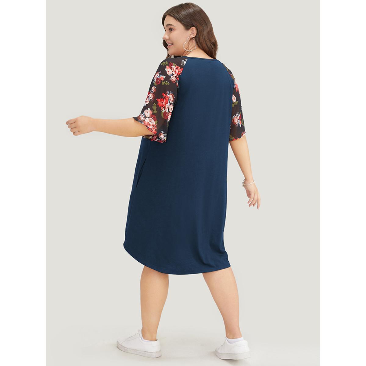 Plus Size Floral Raglan Sleeve Lace Trim Pocket Arc Hem Dress DarkBlue Women Casual Non V-neck Short sleeve Curvy Midi Dress BloomChic 26/4X Product Image